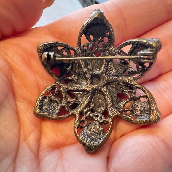 Flower Brooch Green Rhinestone Statement Pin Floral Costume Jewelry - Picture 3 of 3